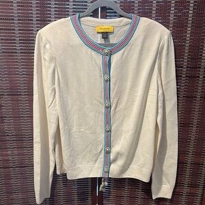 St. John Cream Cardigan w Turquoise Blue & Hot Pink Trim XL Santana wool sweater